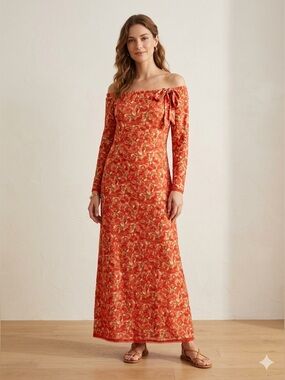 Floral Maxi Dress Size XL Poppy Red🌿Lace Trim🌺Bow Front Casual Eastern Style